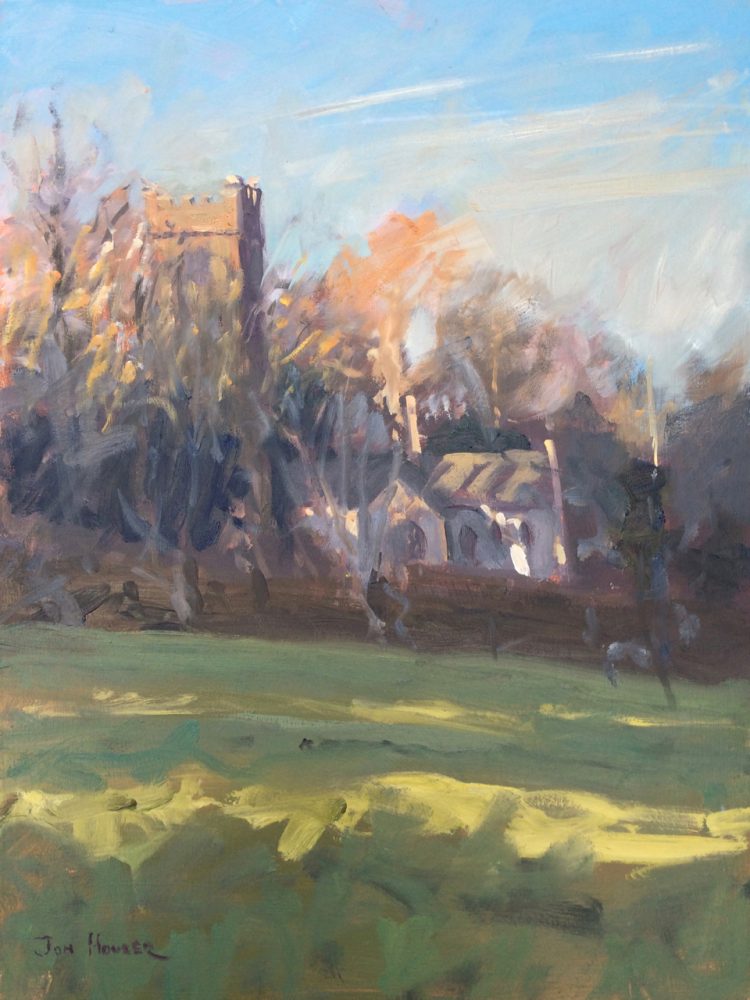 Low Evening Light at Lawrenny Church is an original oil painting by Pembrokeshire artist Jon Houser