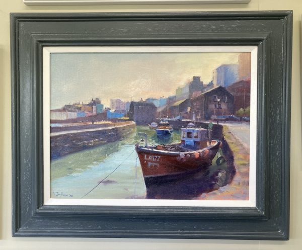 Original oil painting titled, Tenby Harbour Sluice, framed